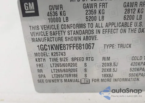 2015 Chevrolet Silverado 2500Hd Ltz z USA, uszkodzony, nr VIN 1GC1KWE87FF681067